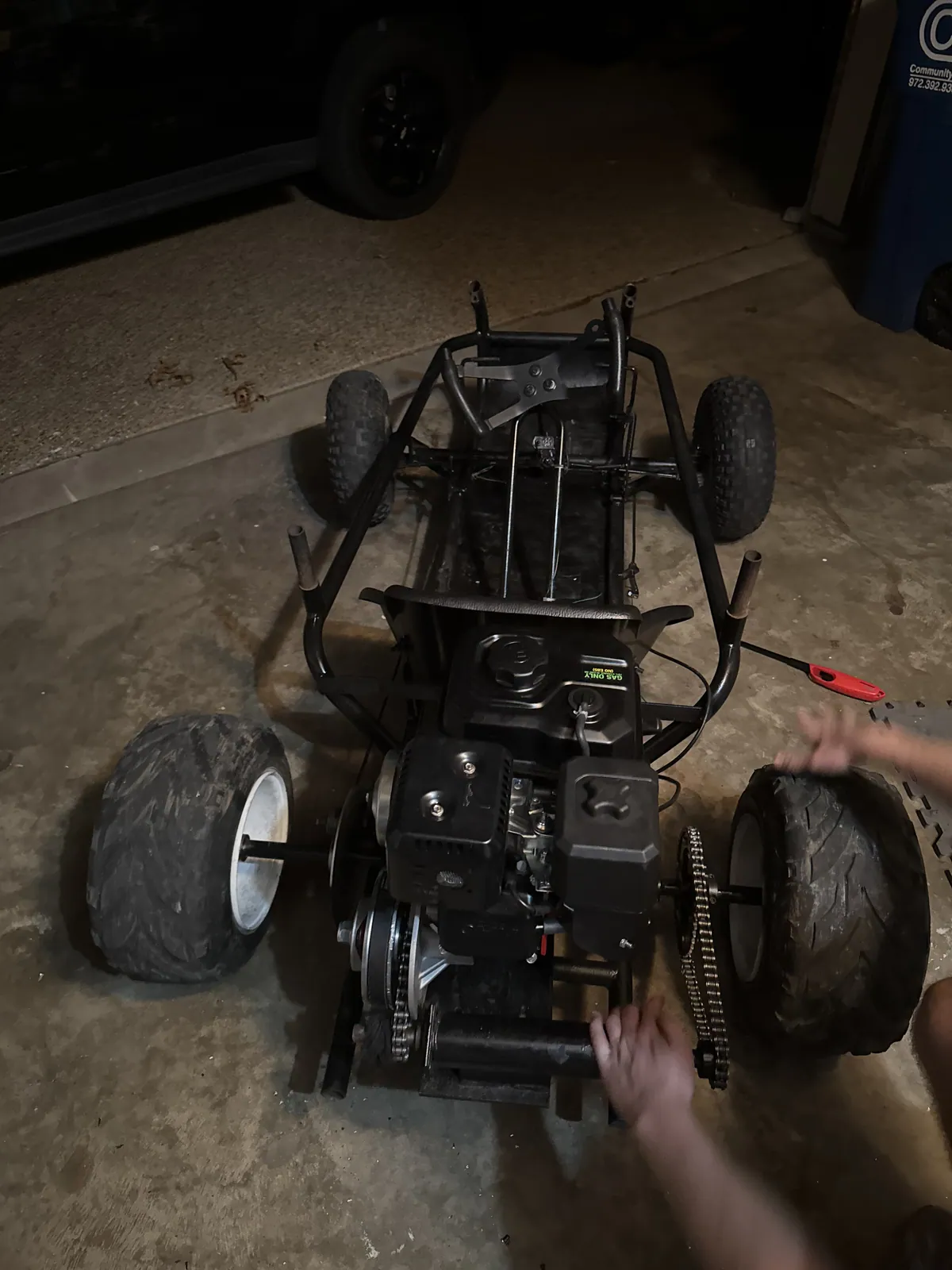Go-kart engine and drivetrain during build